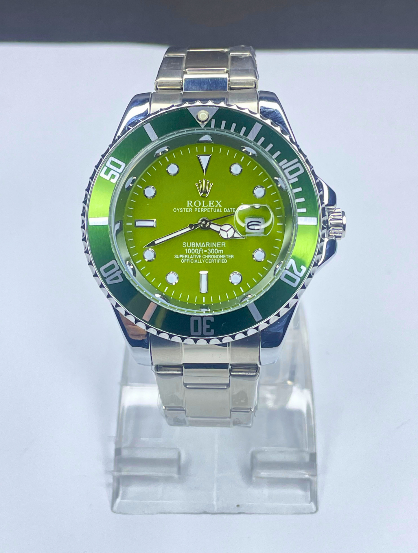 Rolex Submariner - Oyster Perpetual Date Just - Rotating Dial - Green - Silver Chain