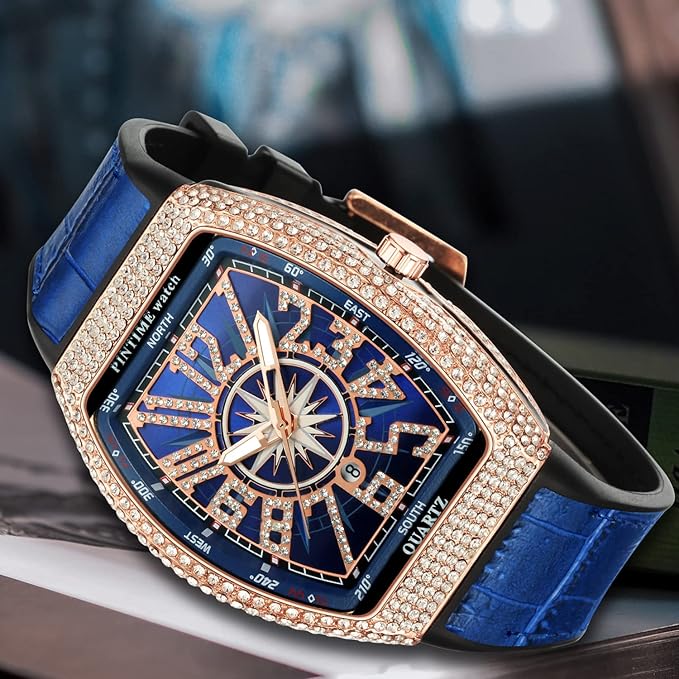 Frank Muller Golden Iced Watch - Leather Strap - Black & Blue Color