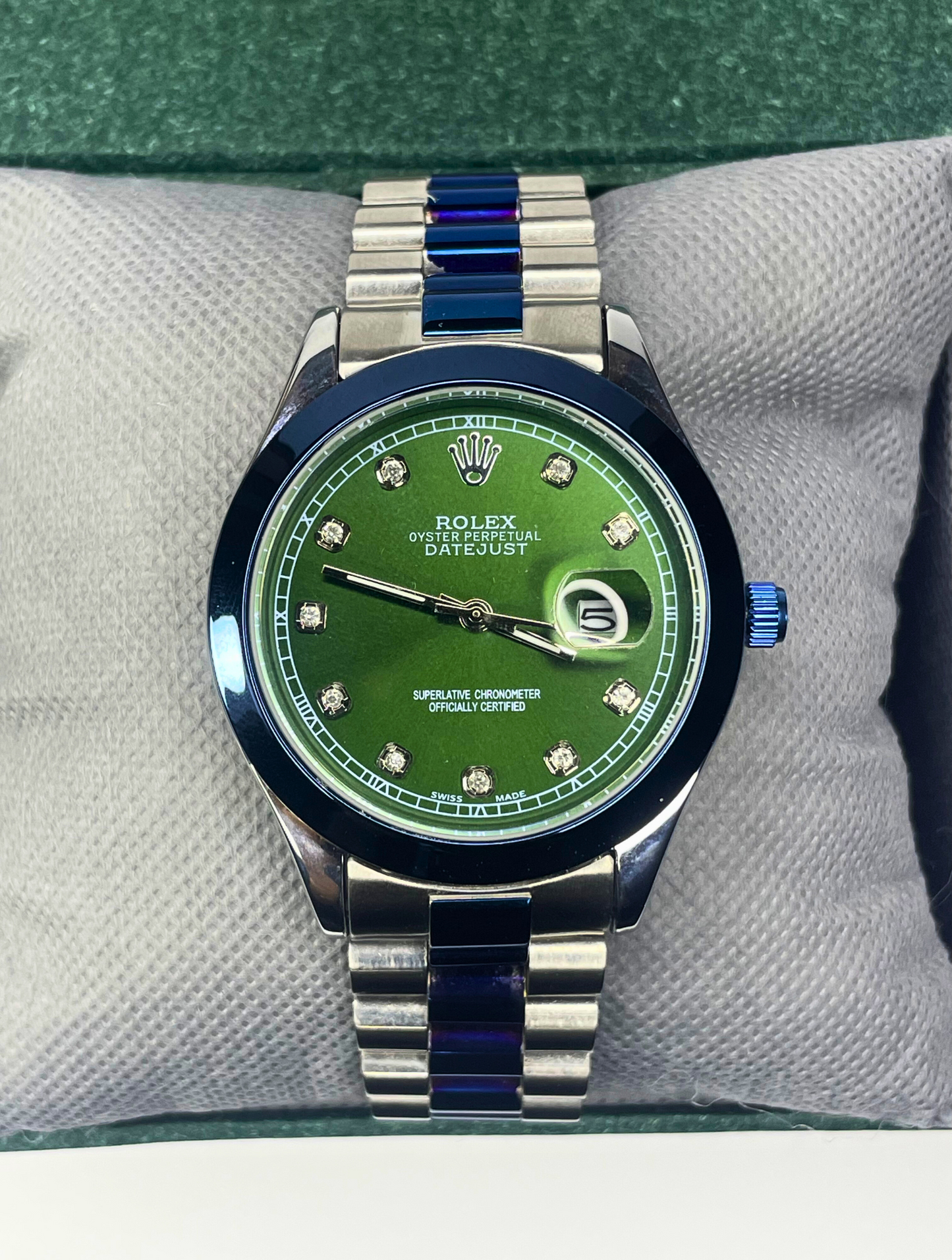 Rolex Oyster Perpetual Date Just - Green Dial - Silver Chain Two Tone