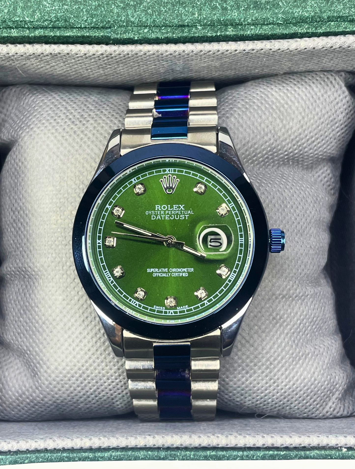 Rolex Oyster Perpetual Date Just - Green Dial - Silver Chain Two Tone