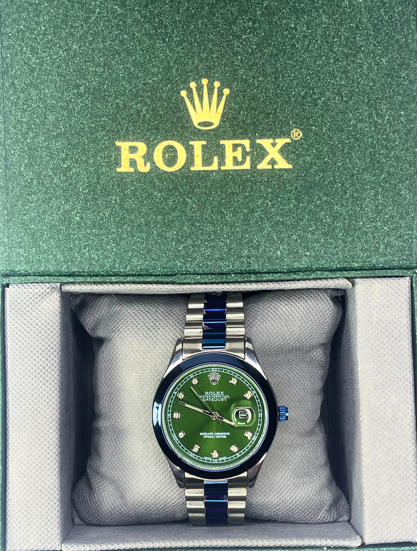 Rolex Oyster Perpetual Date Just - Green Dial - Silver Chain Two Tone