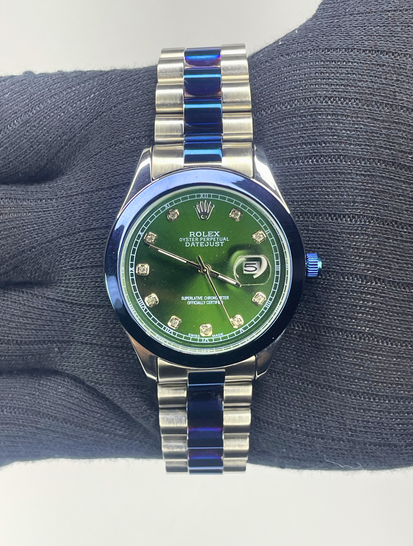 Rolex Oyster Perpetual Date Just - Green Dial - Silver Chain Two Tone