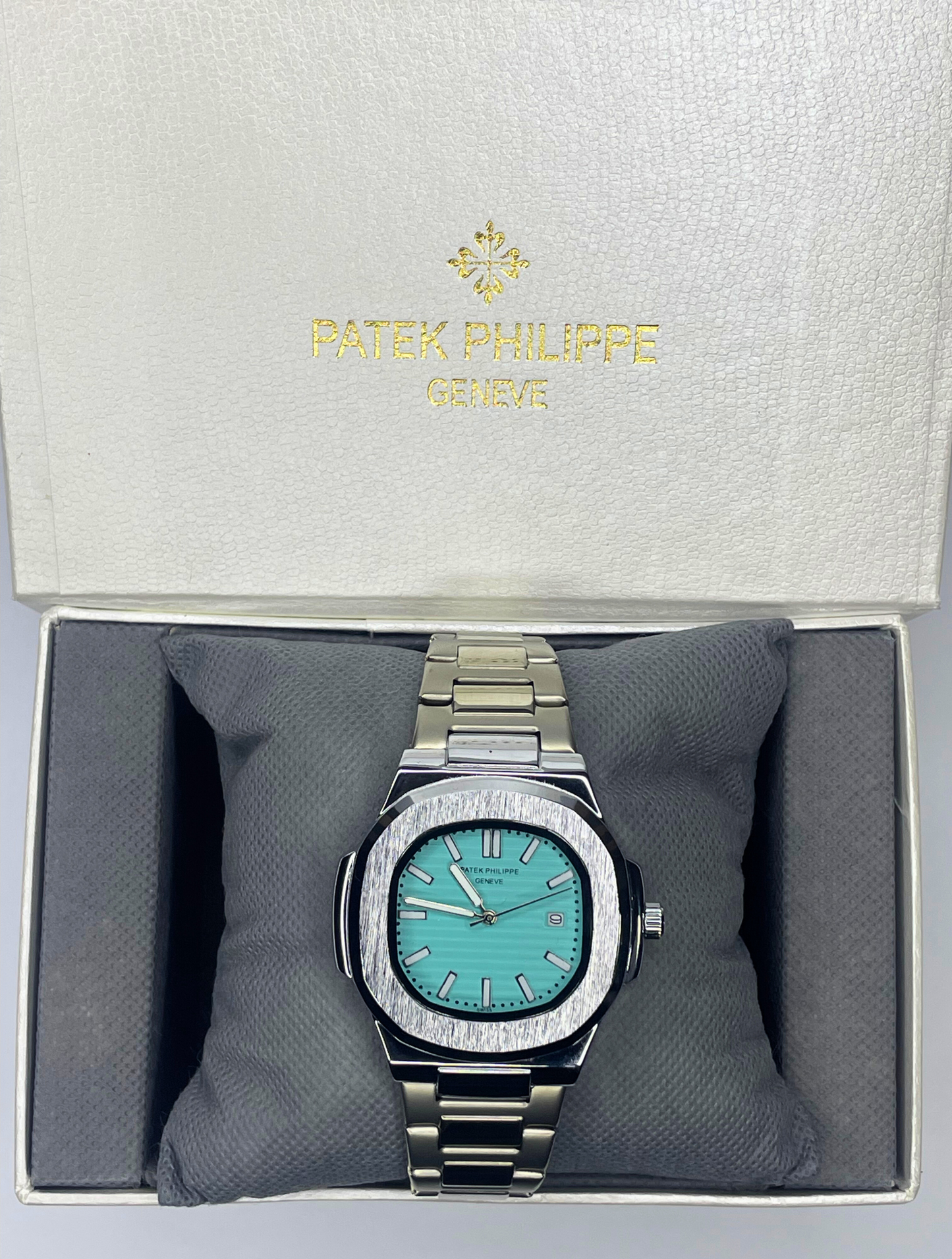 Patek Philippe Nautilus Silver Watch - Tiffany Blue Dial - Silver Chain