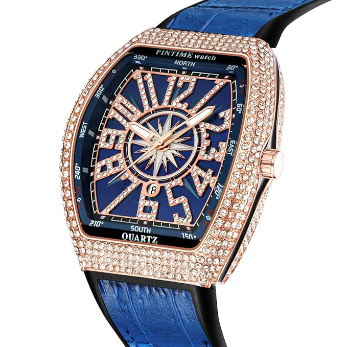 Frank Muller Golden Iced Watch - Leather Strap - Black & Blue Color
