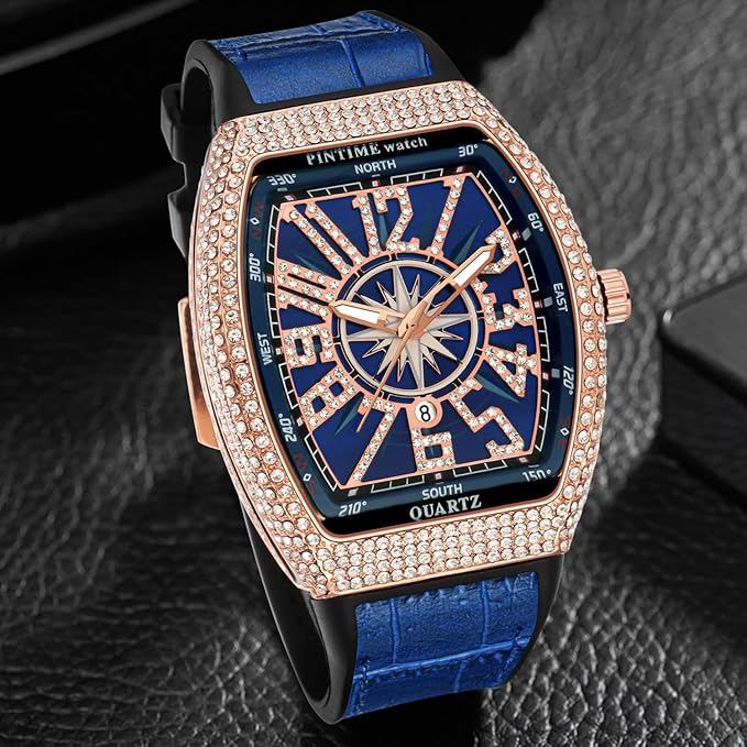 Frank Muller Golden Iced Watch - Leather Strap - Black & Blue Color
