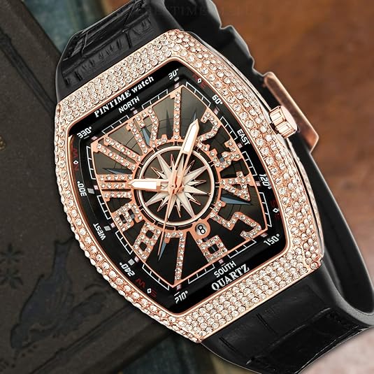 Frank Muller Golden Iced Watch - Leather Strap - Black & Blue Color