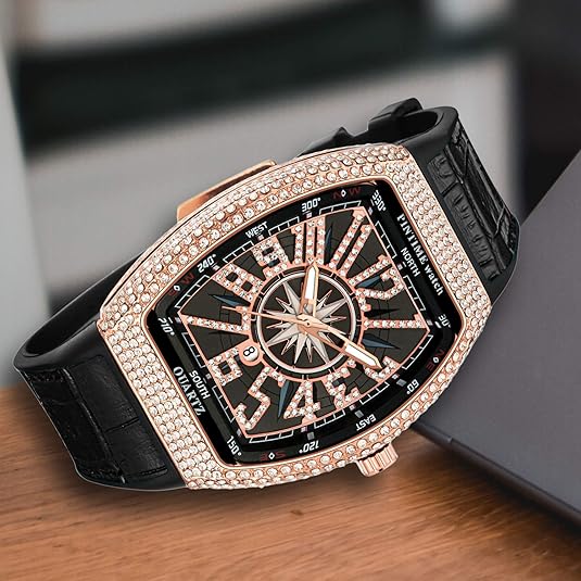 Frank Muller Golden Iced Watch - Leather Strap - Black & Blue Color