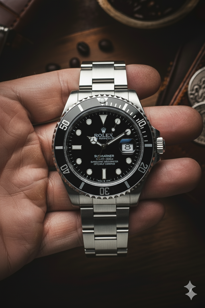 Rolex Submariner - Oyster Perpetual Date Just - Rotating Dial - Black - Silver Chain